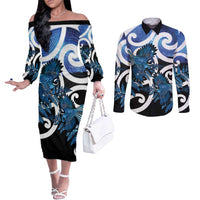 Piwakawaka New Zealand Matariki Couples Matching Off The Shoulder Long Sleeve Dress and Long Sleeve Button Shirt Maori New Year Silver Fern Blue Galaxy