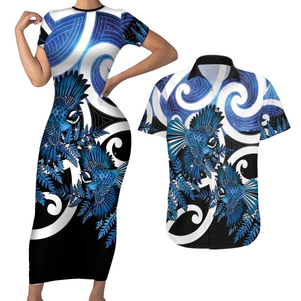 Piwakawaka New Zealand Matariki Couples Matching Short Sleeve Bodycon Dress and Hawaiian Shirt Maori New Year Silver Fern Blue Galaxy