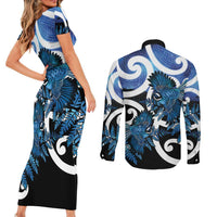 Piwakawaka New Zealand Matariki Couples Matching Short Sleeve Bodycon Dress and Long Sleeve Button Shirt Maori New Year Silver Fern Blue Galaxy