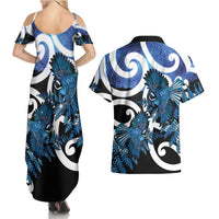 Piwakawaka New Zealand Matariki Couples Matching Summer Maxi Dress and Hawaiian Shirt Maori New Year Silver Fern Blue Galaxy
