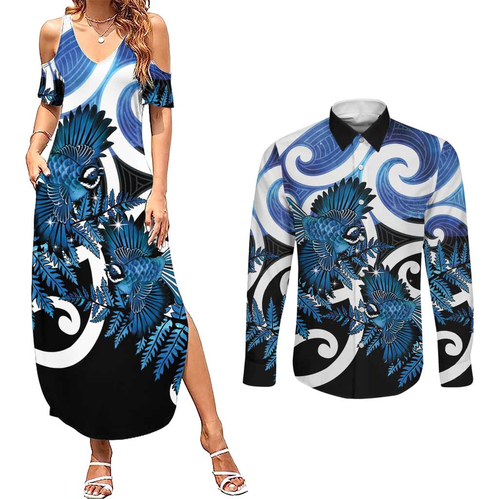 Piwakawaka New Zealand Matariki Couples Matching Summer Maxi Dress and Long Sleeve Button Shirt Maori New Year Silver Fern Blue Galaxy