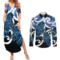 Piwakawaka New Zealand Matariki Couples Matching Summer Maxi Dress and Long Sleeve Button Shirt Maori New Year Silver Fern Blue Galaxy