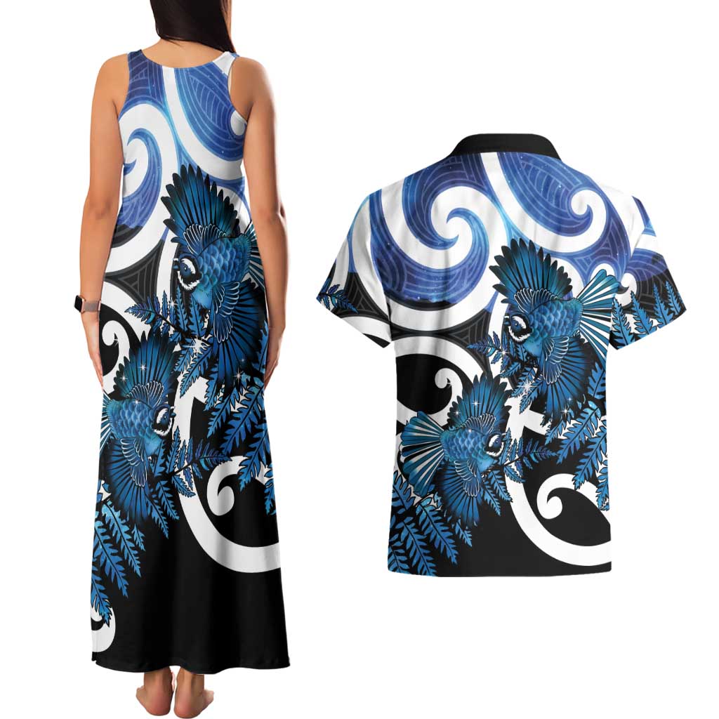 Piwakawaka New Zealand Matariki Couples Matching Tank Maxi Dress and Hawaiian Shirt Maori New Year Silver Fern Blue Galaxy