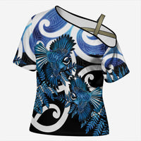Piwakawaka New Zealand Matariki Cross Shoulder Shirt Maori New Year Silver Fern Blue Galaxy