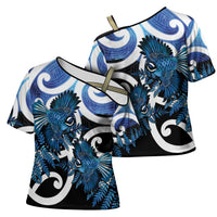 Piwakawaka New Zealand Matariki Cross Shoulder Shirt Maori New Year Silver Fern Blue Galaxy