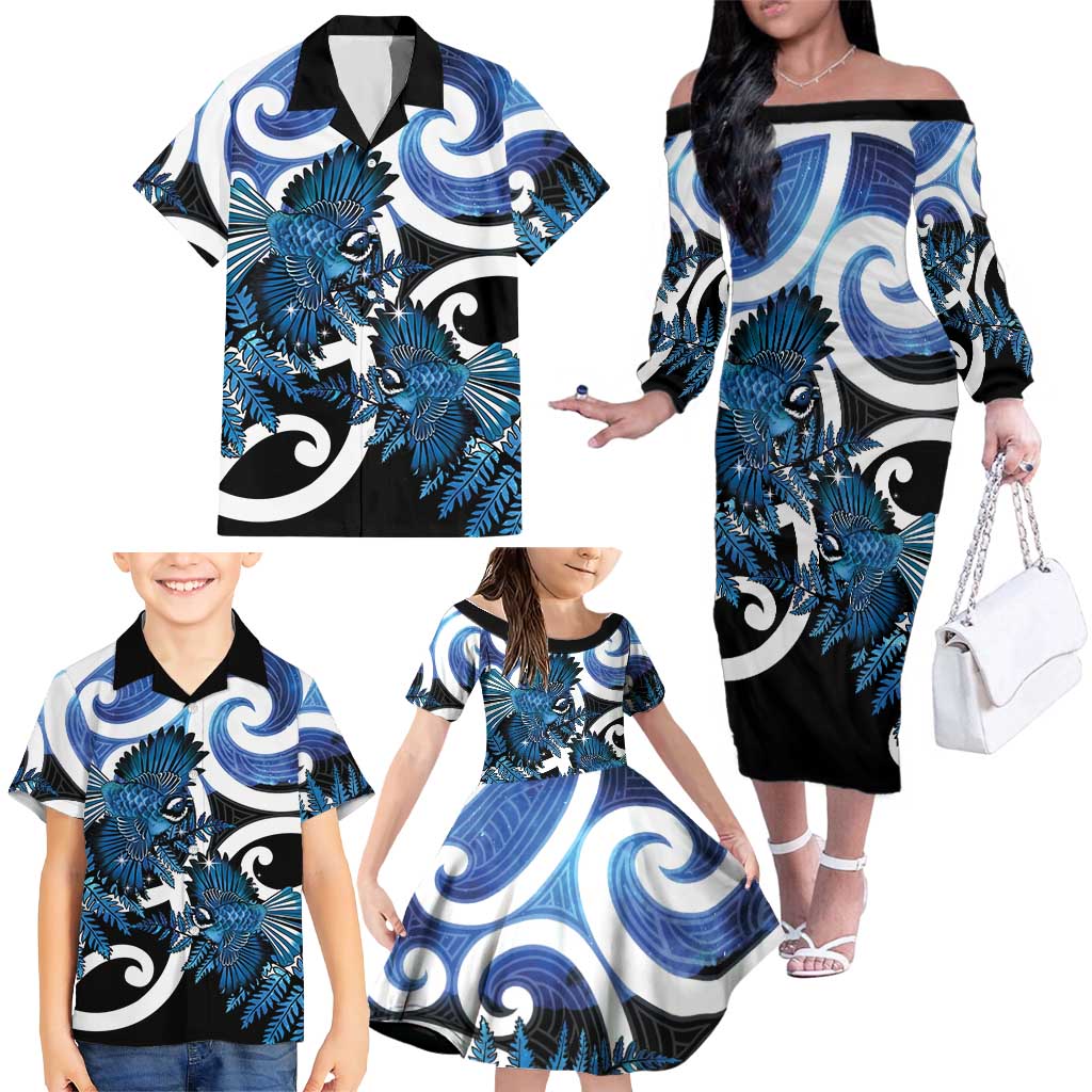 Piwakawaka New Zealand Matariki Family Matching Off The Shoulder Long Sleeve Dress and Hawaiian Shirt Maori New Year Silver Fern Blue Galaxy
