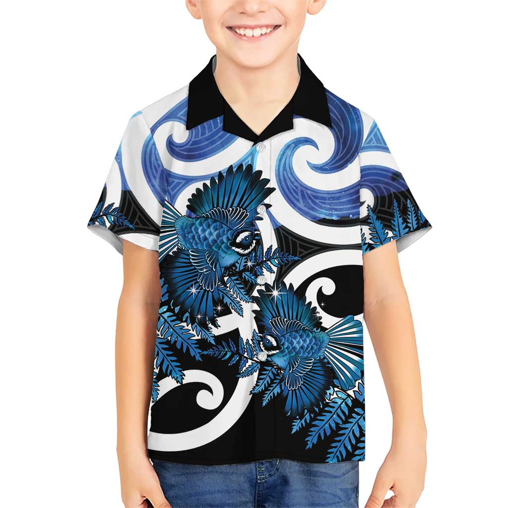 Piwakawaka New Zealand Matariki Family Matching Off Shoulder Short Dress and Hawaiian Shirt Maori New Year Silver Fern Blue Galaxy
