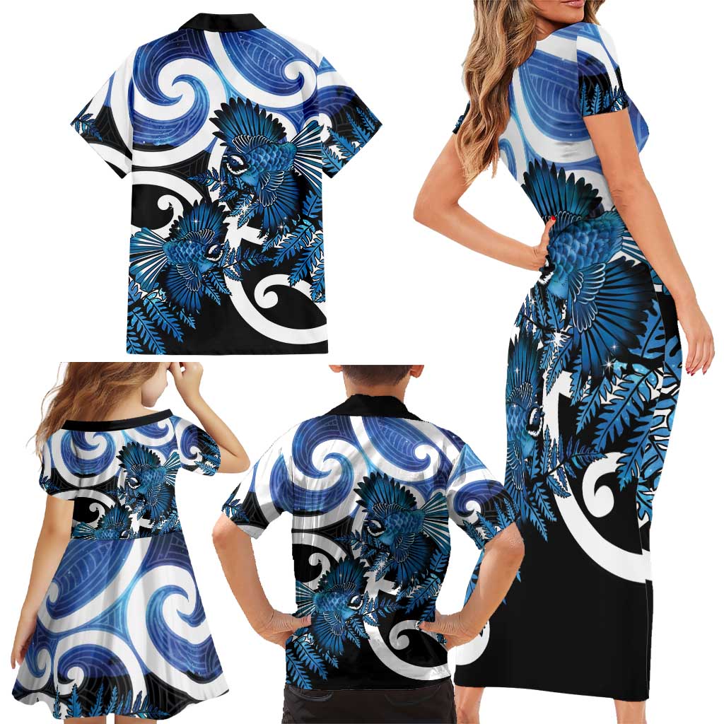 Piwakawaka New Zealand Matariki Family Matching Short Sleeve Bodycon Dress and Hawaiian Shirt Maori New Year Silver Fern Blue Galaxy