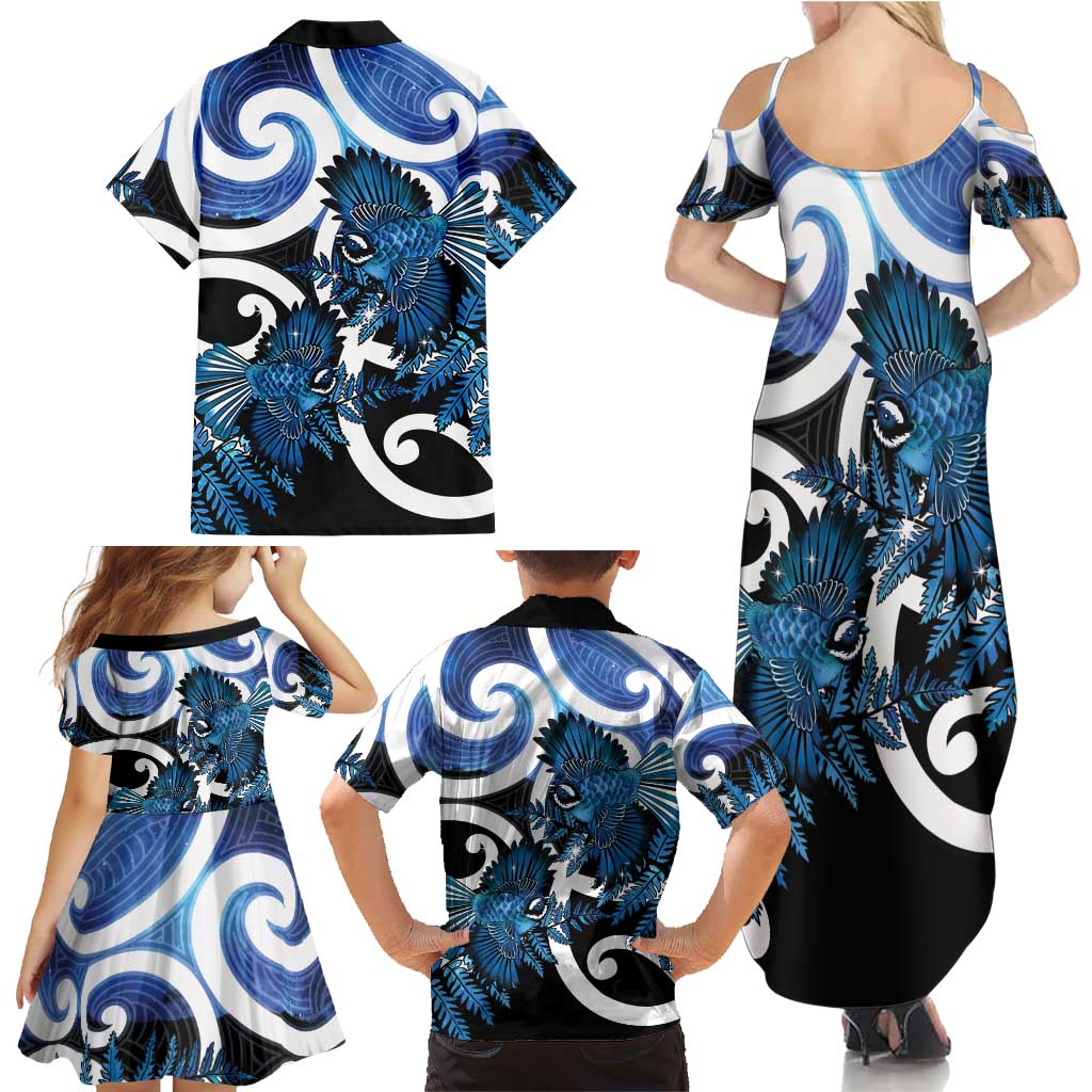 Piwakawaka New Zealand Matariki Family Matching Summer Maxi Dress and Hawaiian Shirt Maori New Year Silver Fern Blue Galaxy