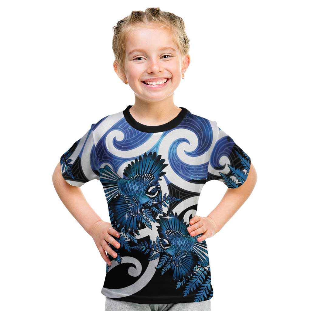 Piwakawaka New Zealand Matariki Kid T Shirt Maori New Year Silver Fern Blue Galaxy