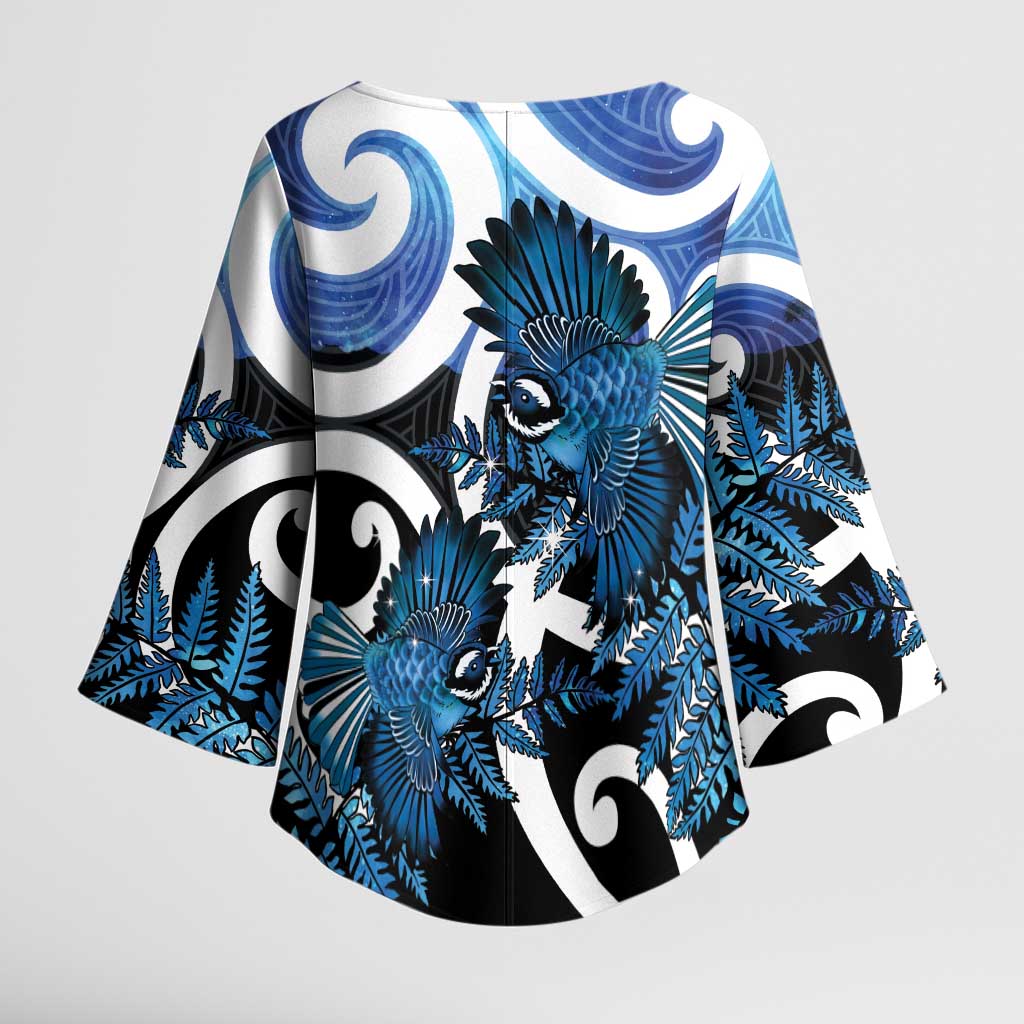 Piwakawaka New Zealand Matariki Kimono Sleeve Blouse Maori New Year Silver Fern Blue Galaxy