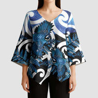 Piwakawaka New Zealand Matariki Kimono Sleeve Blouse Maori New Year Silver Fern Blue Galaxy