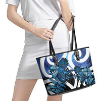 Piwakawaka New Zealand Matariki Leather Tote Bag Maori New Year Silver Fern Blue Galaxy