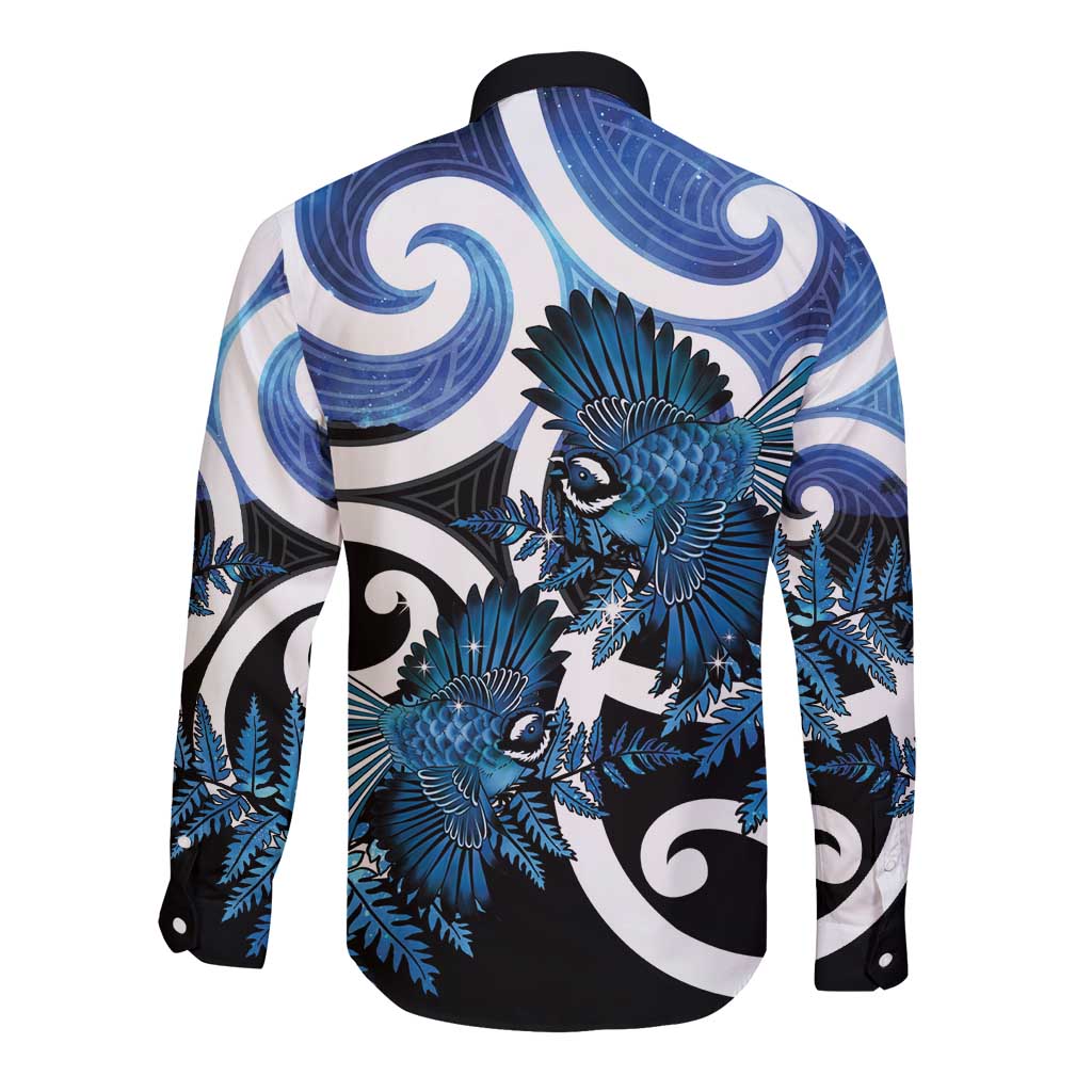 Piwakawaka New Zealand Matariki Long Sleeve Button Shirt Maori New Year Silver Fern Blue Galaxy