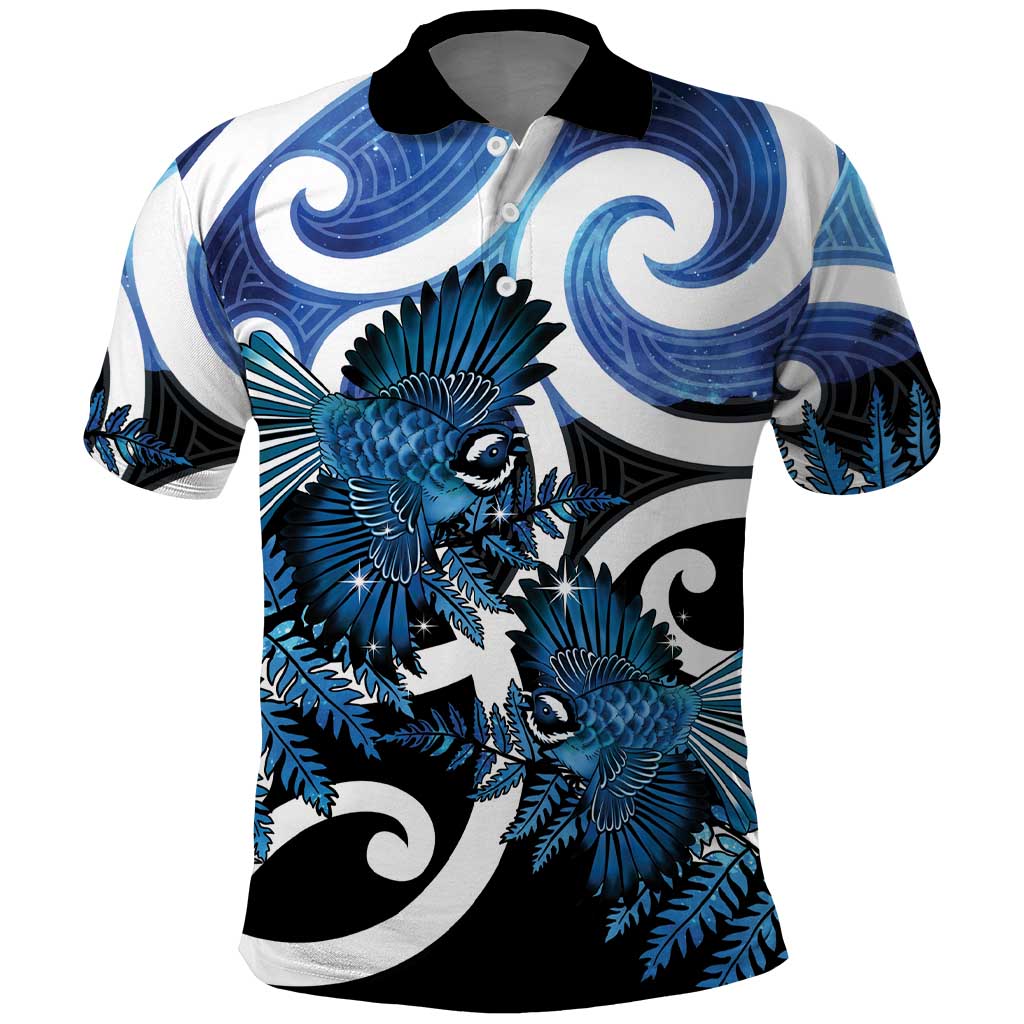 Piwakawaka New Zealand Matariki Polo Shirt Maori New Year Silver Fern Blue Galaxy