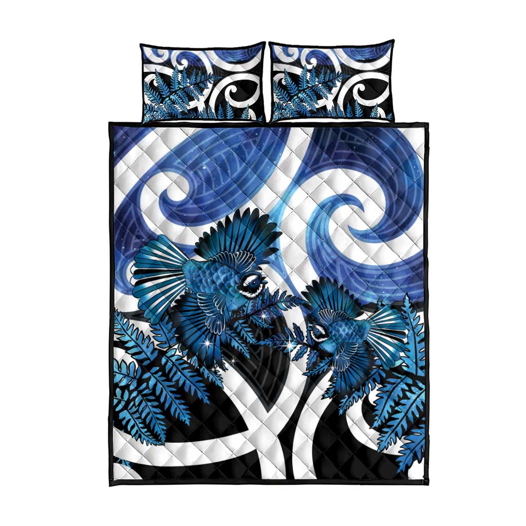 Piwakawaka New Zealand Matariki Quilt Bed Set Maori New Year Silver Fern Blue Galaxy