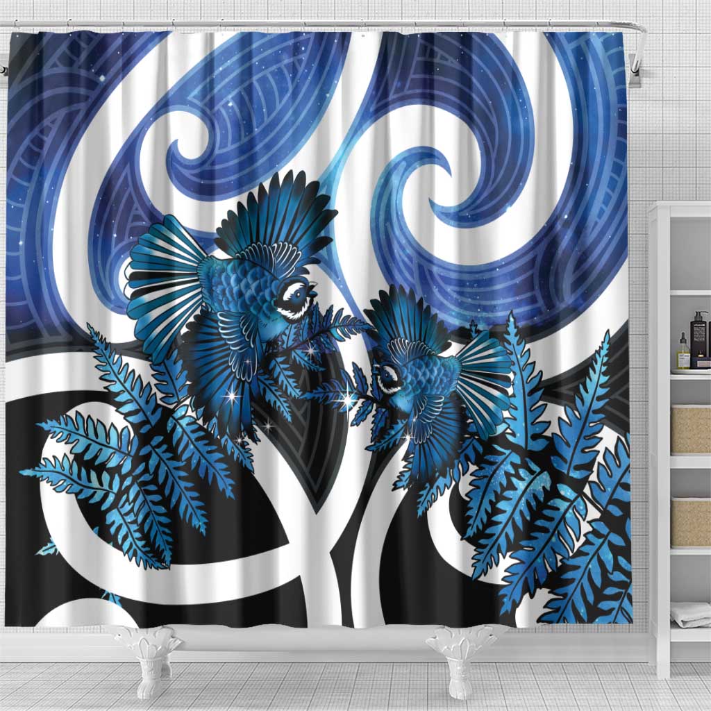 Piwakawaka New Zealand Matariki Shower Curtain Maori New Year Silver Fern Blue Galaxy