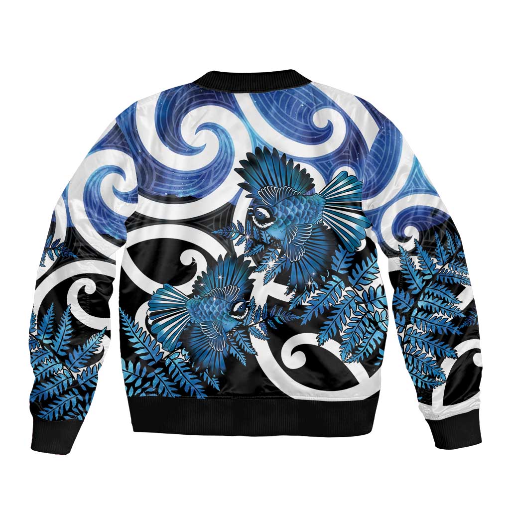 Piwakawaka New Zealand Matariki Sleeve Zip Bomber Jacket Maori New Year Silver Fern Blue Galaxy