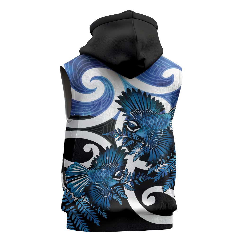 Piwakawaka New Zealand Matariki Sleeveless Hoodie Maori New Year Silver Fern Blue Galaxy