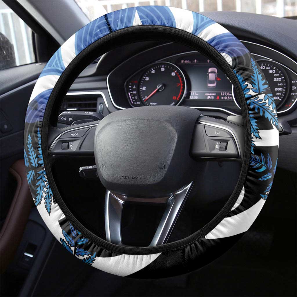 Piwakawaka New Zealand Matariki Steering Wheel Cover Maori New Year Silver Fern Blue Galaxy