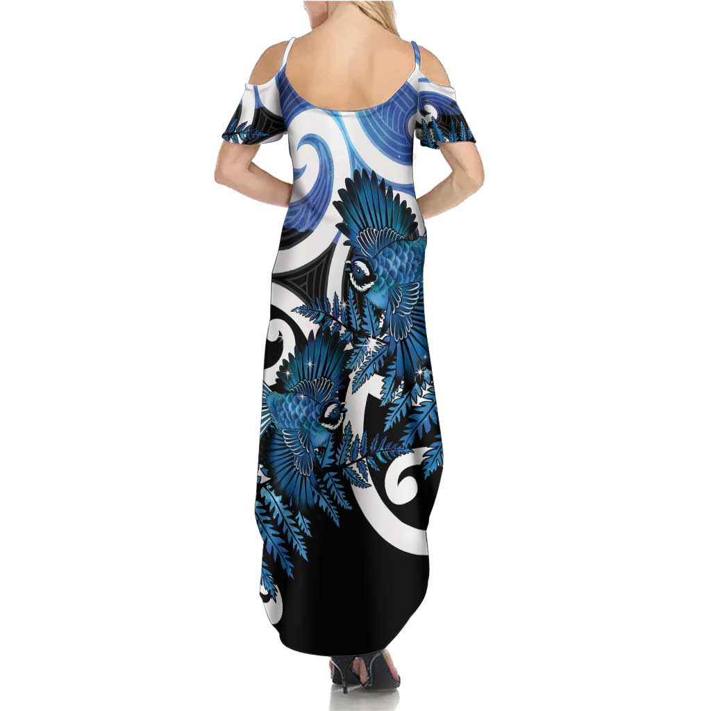 Piwakawaka New Zealand Matariki Summer Maxi Dress Maori New Year Silver Fern Blue Galaxy