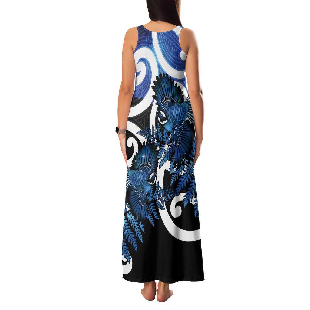 Piwakawaka New Zealand Matariki Tank Maxi Dress Maori New Year Silver Fern Blue Galaxy