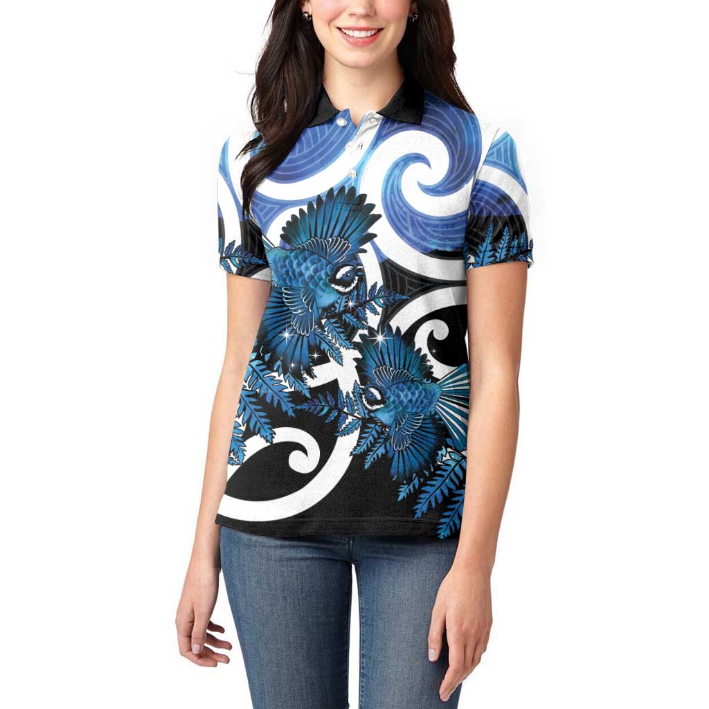Piwakawaka New Zealand Matariki Women Polo Shirt Maori New Year Silver Fern Blue Galaxy