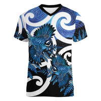 Piwakawaka New Zealand Matariki Women V-Neck T-Shirt Maori New Year Silver Fern Blue Galaxy