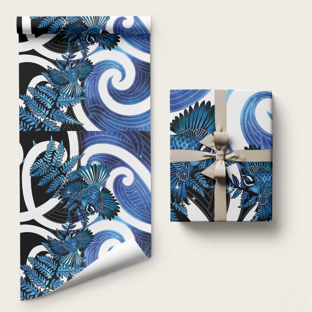 Piwakawaka New Zealand Matariki Wrapping Paper Maori New Year Silver Fern Blue Galaxy
