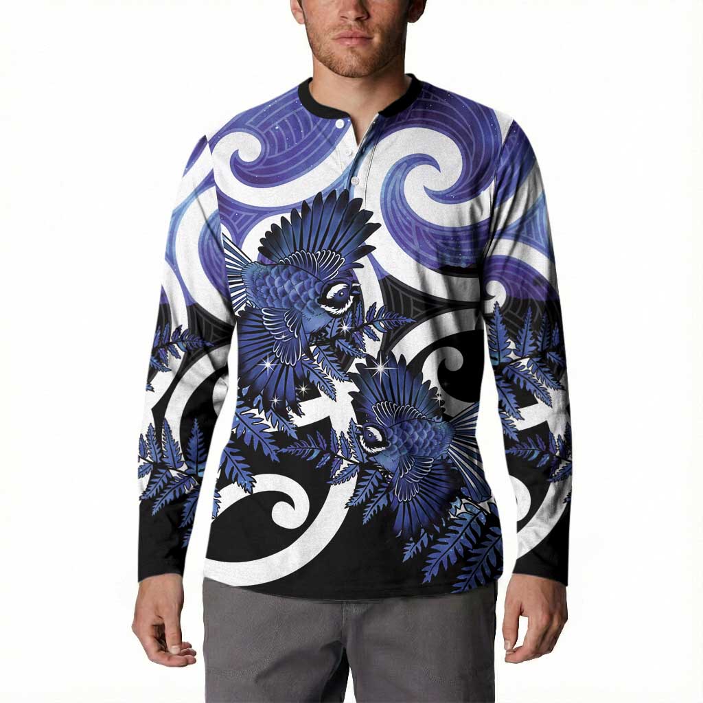 Piwakawaka New Zealand Matariki Button Sweatshirt Maori New Year Silver Fern Purple Galaxy