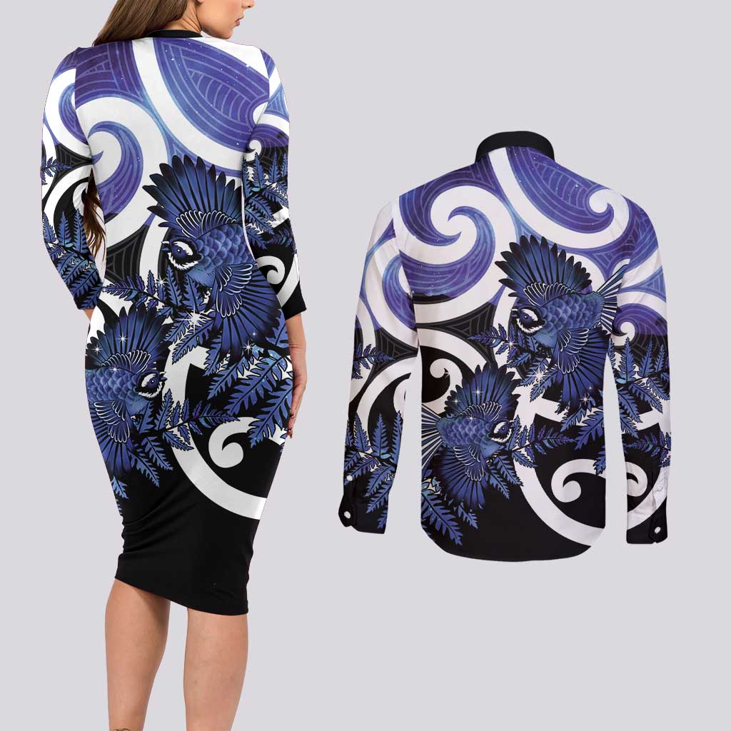 Piwakawaka New Zealand Matariki Couples Matching Long Sleeve Bodycon Dress and Long Sleeve Button Shirt Maori New Year Silver Fern Purple Galaxy