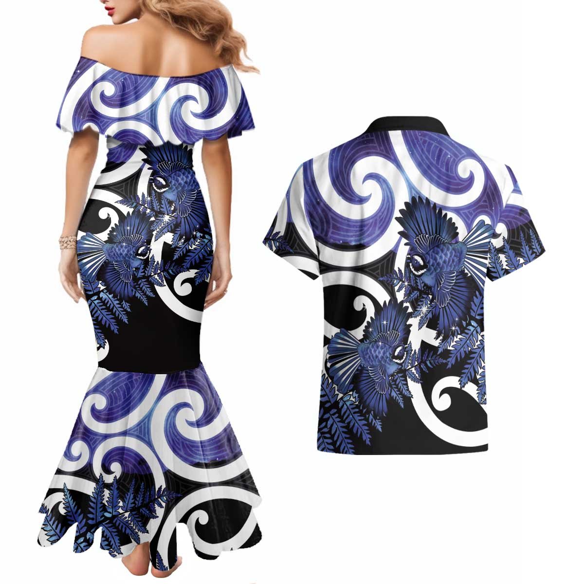 Piwakawaka New Zealand Matariki Couples Matching Mermaid Dress and Hawaiian Shirt Maori New Year Silver Fern Purple Galaxy