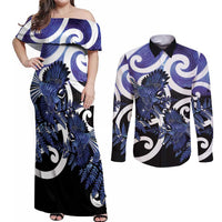 Piwakawaka New Zealand Matariki Couples Matching Off Shoulder Maxi Dress and Long Sleeve Button Shirt Maori New Year Silver Fern Purple Galaxy