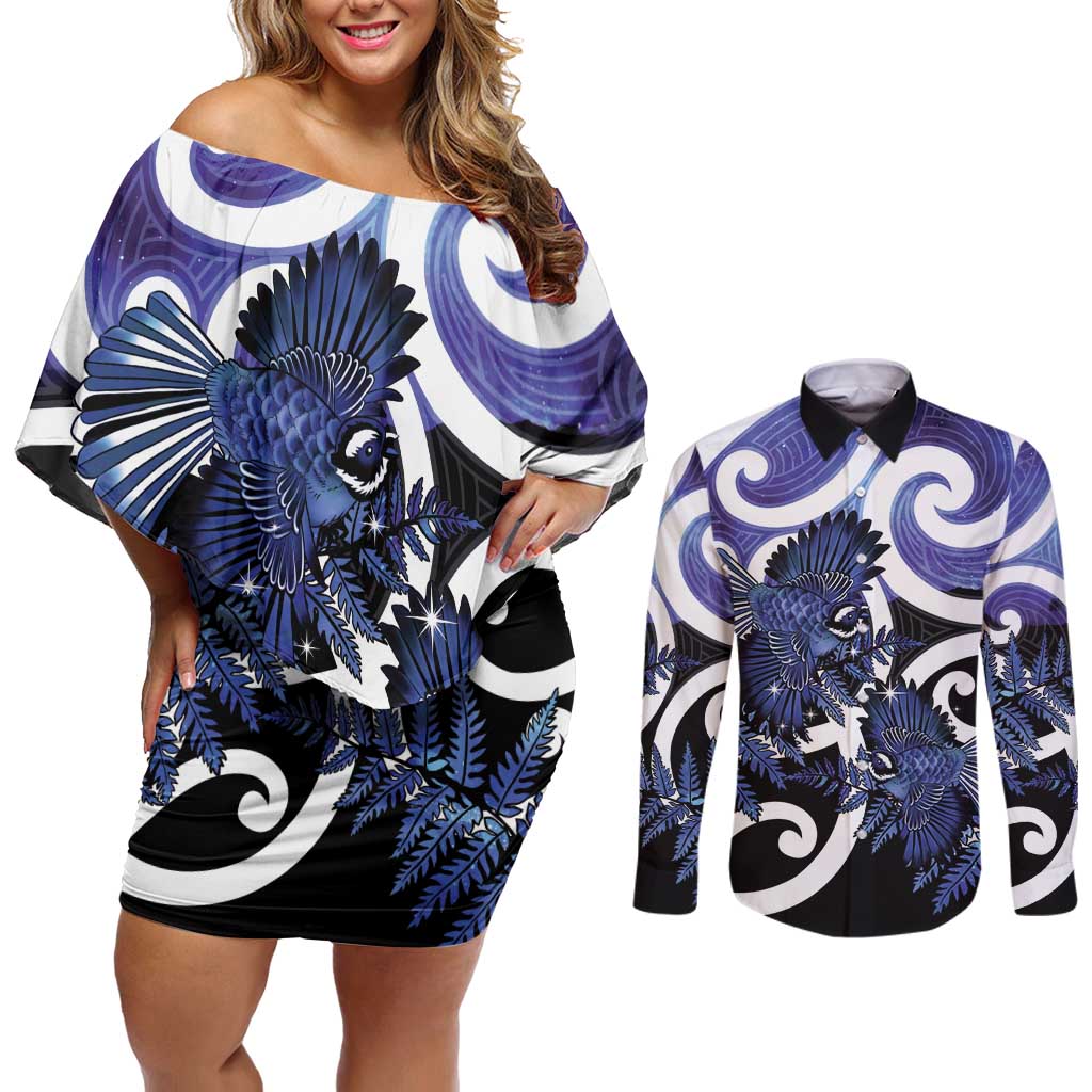 Piwakawaka New Zealand Matariki Couples Matching Off Shoulder Short Dress and Long Sleeve Button Shirt Maori New Year Silver Fern Purple Galaxy