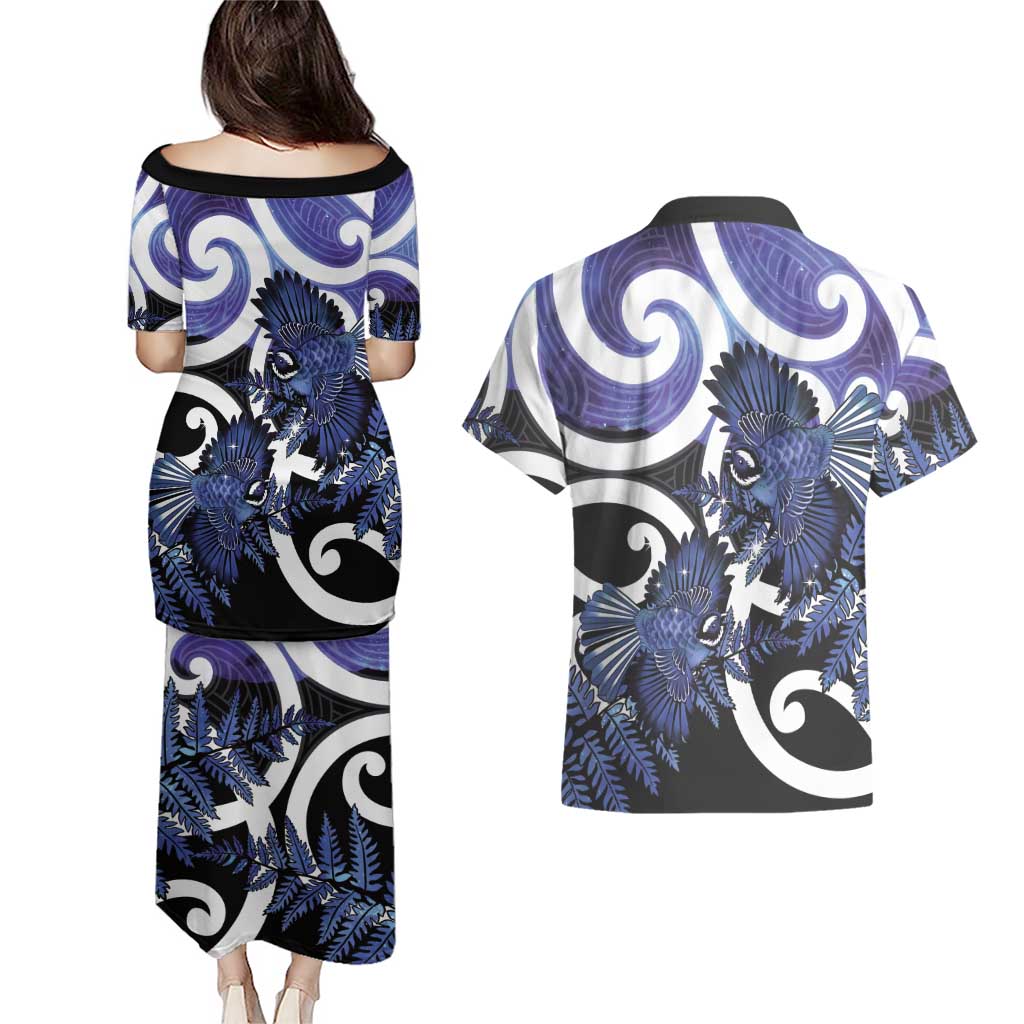 Piwakawaka New Zealand Matariki Couples Matching Puletasi and Hawaiian Shirt Maori New Year Silver Fern Purple Galaxy