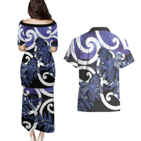 Piwakawaka New Zealand Matariki Couples Matching Puletasi and Hawaiian Shirt Maori New Year Silver Fern Purple Galaxy