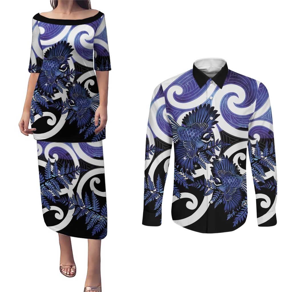 Piwakawaka New Zealand Matariki Couples Matching Puletasi and Long Sleeve Button Shirt Maori New Year Silver Fern Purple Galaxy