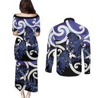 Piwakawaka New Zealand Matariki Couples Matching Puletasi and Long Sleeve Button Shirt Maori New Year Silver Fern Purple Galaxy