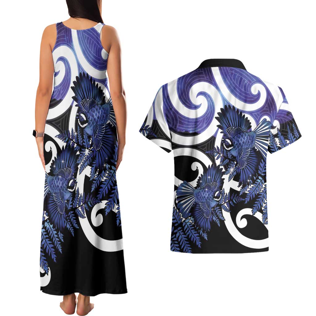 Piwakawaka New Zealand Matariki Couples Matching Tank Maxi Dress and Hawaiian Shirt Maori New Year Silver Fern Purple Galaxy