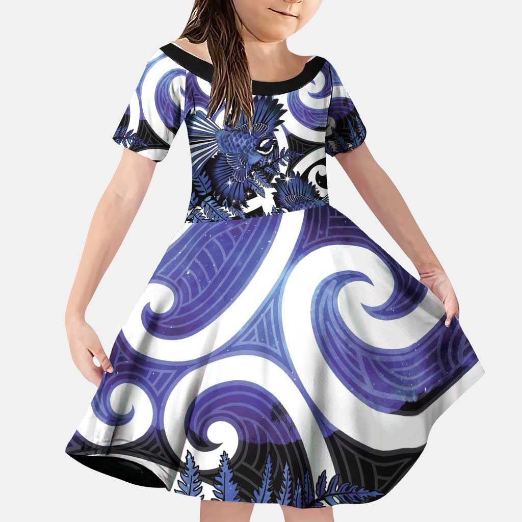 Piwakawaka New Zealand Matariki Family Matching Long Sleeve Bodycon Dress and Hawaiian Shirt Maori New Year Silver Fern Purple Galaxy