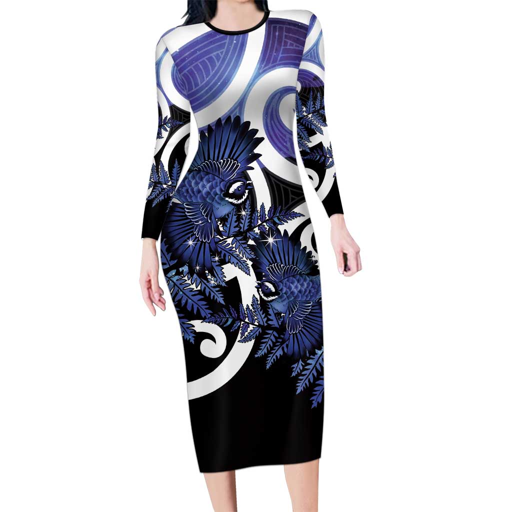 Piwakawaka New Zealand Matariki Family Matching Long Sleeve Bodycon Dress and Hawaiian Shirt Maori New Year Silver Fern Purple Galaxy