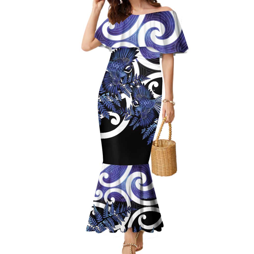 Piwakawaka New Zealand Matariki Family Matching Mermaid Dress and Hawaiian Shirt Maori New Year Silver Fern Purple Galaxy