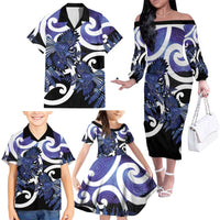 Piwakawaka New Zealand Matariki Family Matching Off The Shoulder Long Sleeve Dress and Hawaiian Shirt Maori New Year Silver Fern Purple Galaxy