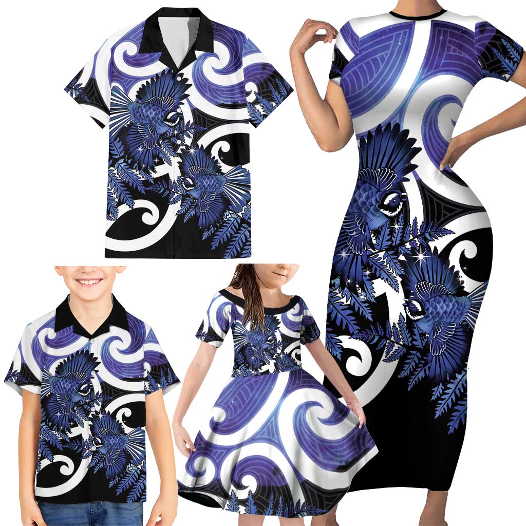 Piwakawaka New Zealand Matariki Family Matching Short Sleeve Bodycon Dress and Hawaiian Shirt Maori New Year Silver Fern Purple Galaxy LT14 - Polynesian Pride