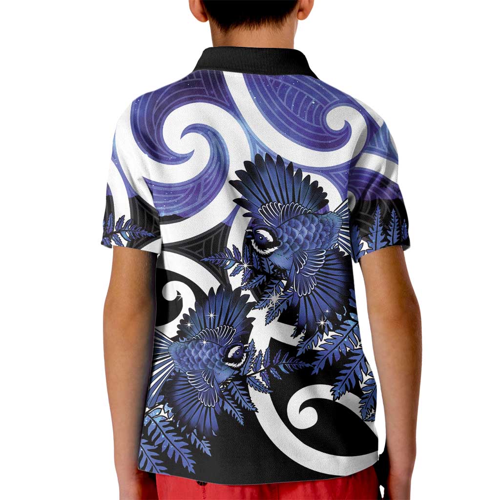 Piwakawaka New Zealand Matariki Kid Polo Shirt Maori New Year Silver Fern Purple Galaxy
