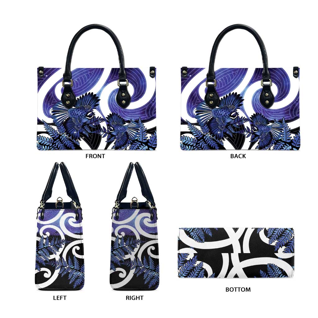 Piwakawaka New Zealand Matariki Leather Bag Maori New Year Silver Fern Purple Galaxy