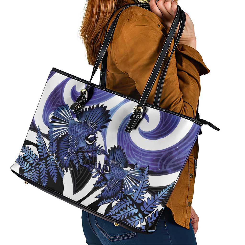 Piwakawaka New Zealand Matariki Leather Tote Bag Maori New Year Silver Fern Purple Galaxy