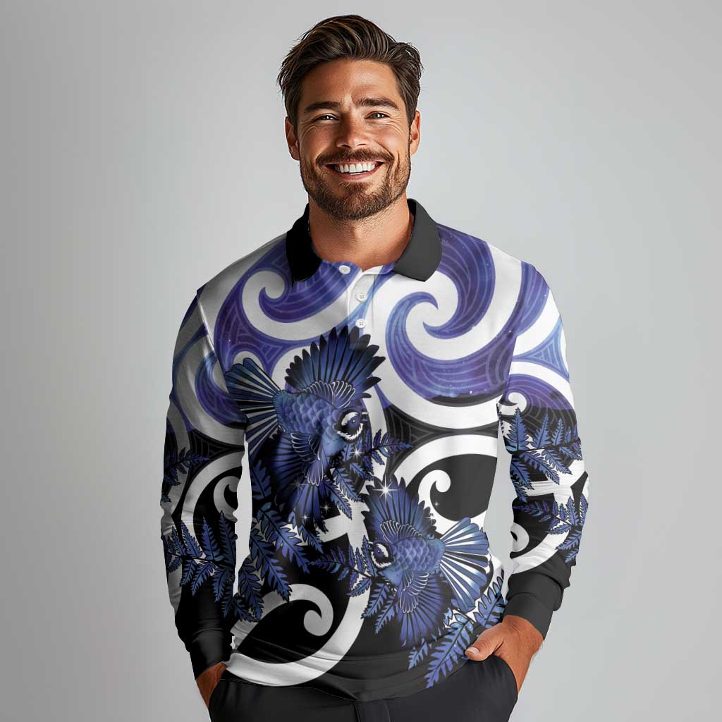 Piwakawaka New Zealand Matariki Long Sleeve Polo Shirt Maori New Year Silver Fern Purple Galaxy