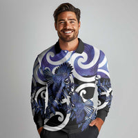 Piwakawaka New Zealand Matariki Long Sleeve Polo Shirt Maori New Year Silver Fern Purple Galaxy