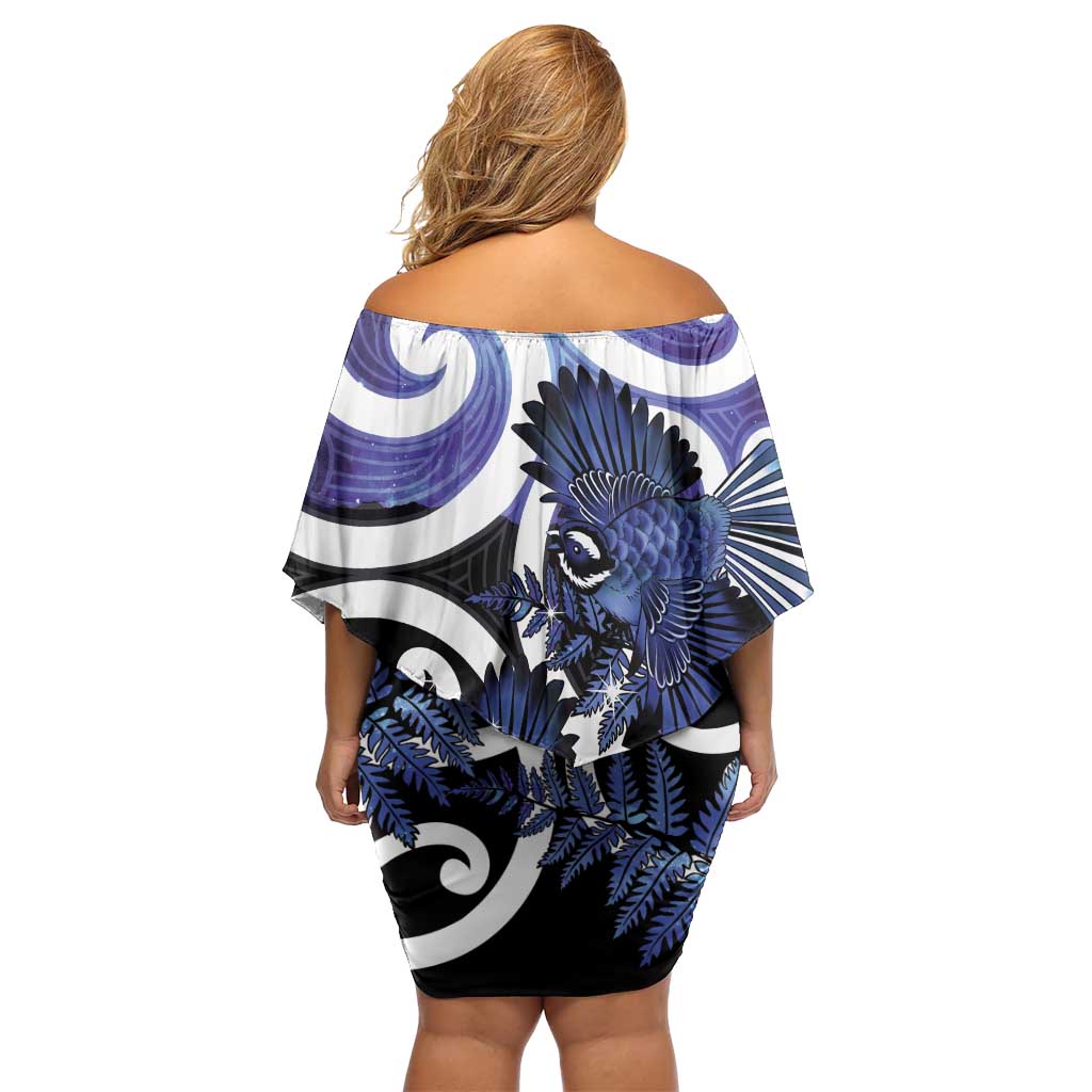 Piwakawaka New Zealand Matariki Off Shoulder Short Dress Maori New Year Silver Fern Purple Galaxy